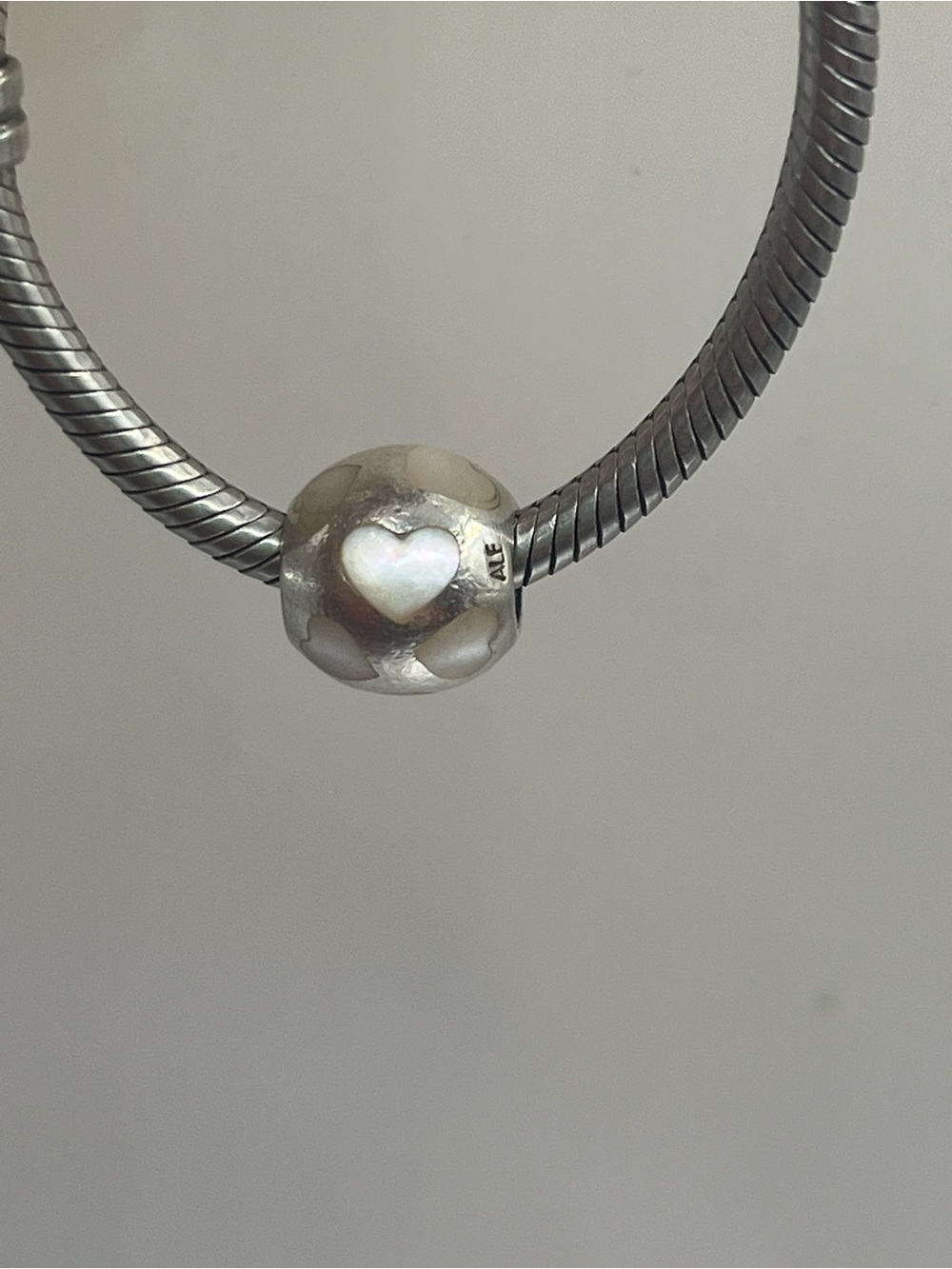 Sterling Silver mother of pearl white heart Pandora charm. 925.